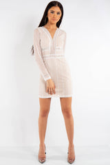 White Lace Long Sleeve V Front Dress   