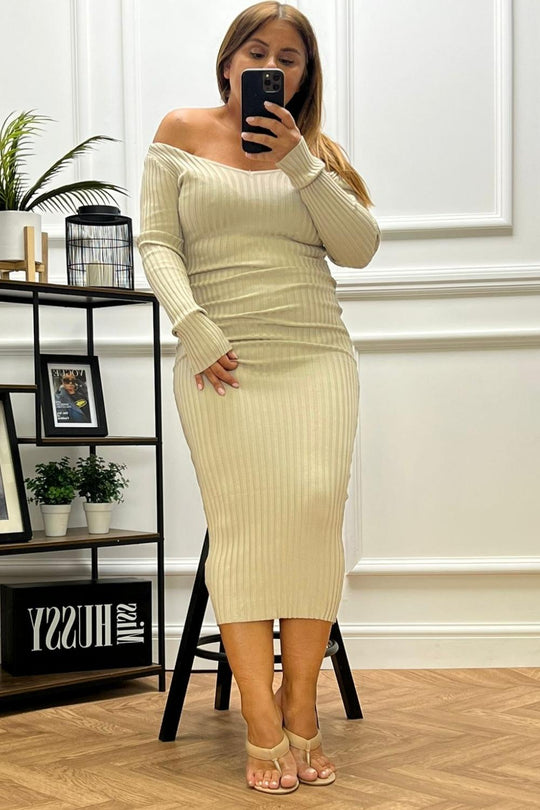 Azra Cream Rib Knit Dress