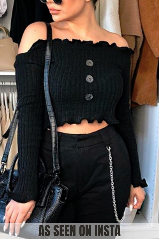 Olivia Black Button Bardot Cropped Jumper