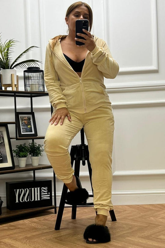 Alia Beige Velvet Velour Tracksuit Loungewear Set