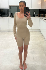 Beige Long Sleeve Ribbed Unitard Playsuit – Esme