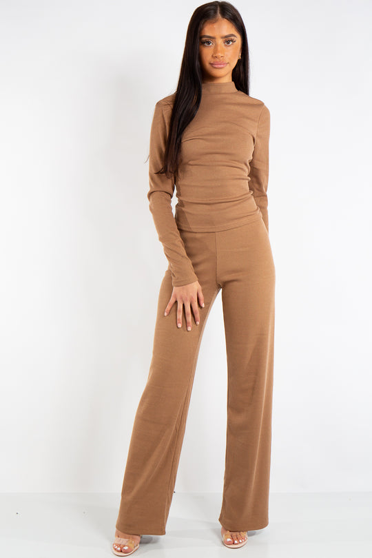 Hannah Camel Ribbed Open Tie Back Top