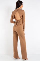Hannah Camel Ribbed Open Tie Back Top
