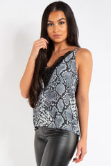 Claire Black Snake Print Lace Longline Cami Top