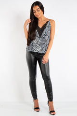 Claire Black Snake Print Lace Longline Cami Top