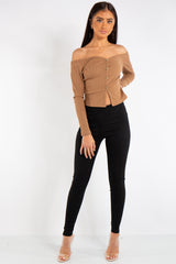 Maria Camel Ribbed Button Bardot Top 