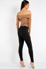 Maria Camel Ribbed Button Bardot Top 