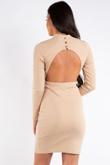 Clara Beige Ribbed Open Back Mini Dress