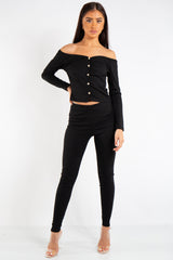 Maria Black Ribbed Button Bardot Top