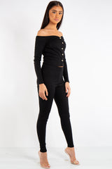 Maria Black Ribbed Button Bardot Top