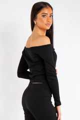 Maria Black Ribbed Button Bardot Top
