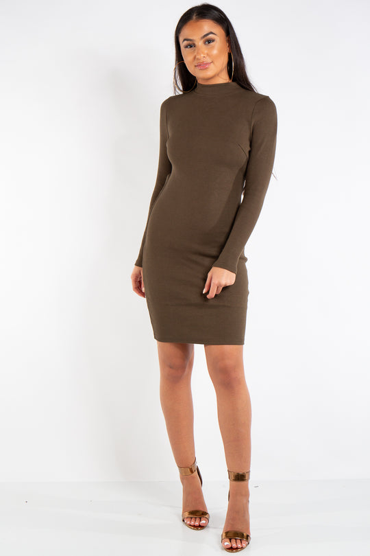 Clara Khaki Ribbed Open Back Mini Dress