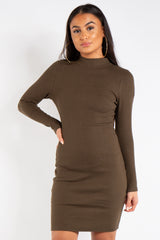 Clara Khaki Ribbed Open Back Mini Dress