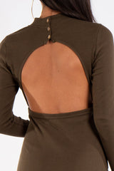 Clara Khaki Ribbed Open Back Mini Dress