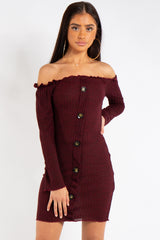 Isabella Red Bardot Button Mini dress