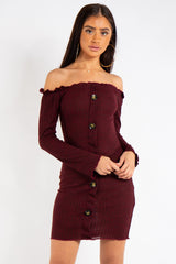 Isabella Red Bardot Button Mini dress