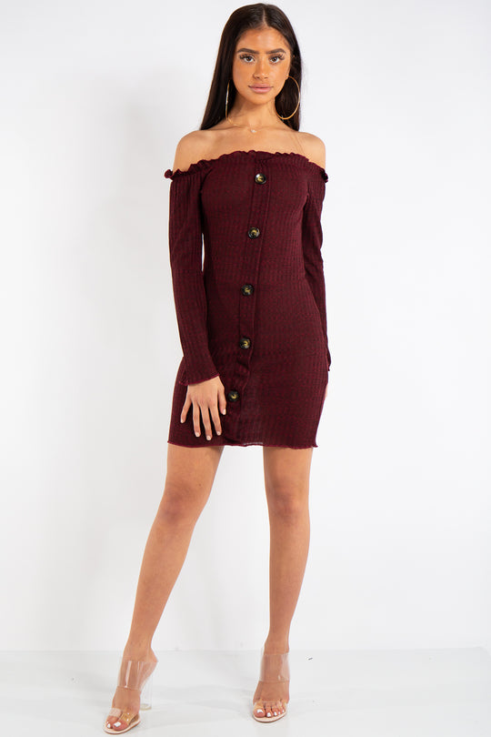 Isabella Red Bardot Button Mini Dress