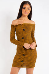 Isabella Mustard Bardot Button Mini Dress