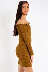 Isabella Mustard Bardot Button Mini Dress