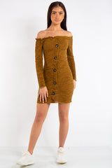 Isabella Mustard Bardot Button Mini Dress