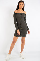Isabella Khaki Bardot Button Mini Dress