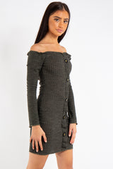 Isabella Khaki Bardot Button Mini Dress