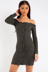 Isabella Khaki Bardot Button Mini Dress