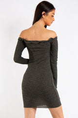 Isabella Khaki Bardot Button Mini Dress