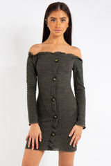 Isabella Khaki Bardot Button Mini Dress