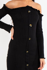 Isabella Black Bardot Button Mini dress