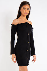 Isabella Black Bardot Button Mini dress Miss Hussy
