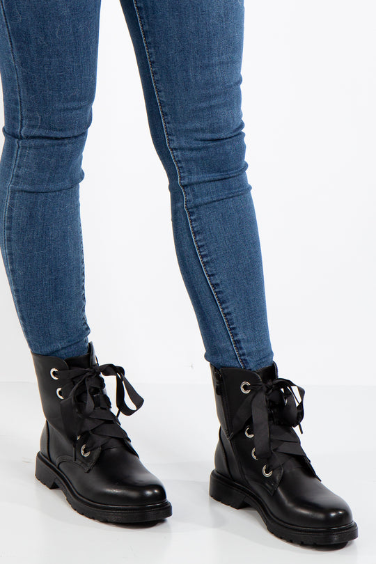 Thea Black Ribbon Lace Ankle Boots