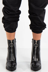 Amina Black High Shine Zip Detail Block Heeled Ankle Boots