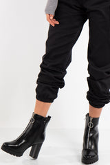 Amina Black High Shine Zip Detail Block Heeled Ankle Boots