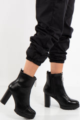 Amina Black High Shine Zip Detail Block Heeled Ankle Boots
