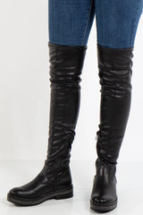 Charlee Black Faux Leather Knee High Boot With Diamante