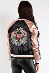 Chloe Black and Rose Gold Satin Bomber Jacket