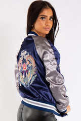 Chloe Blue and Silver Satin Bomber Jacket