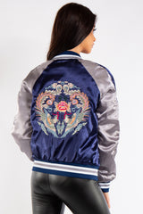 Chloe Blue and Silver Satin Bomber Jacket