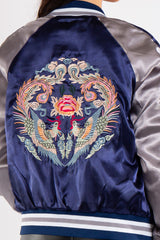 Chloe Blue and Silver Satin Bomber Jacket