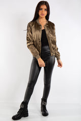 Grace Khaki Satin Bomber Jacket