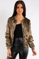 Grace Khaki Satin Bomber Jacket