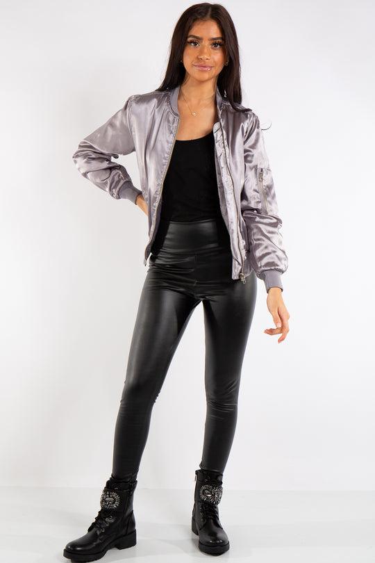 Grace Silver Satin Bomber Jacket