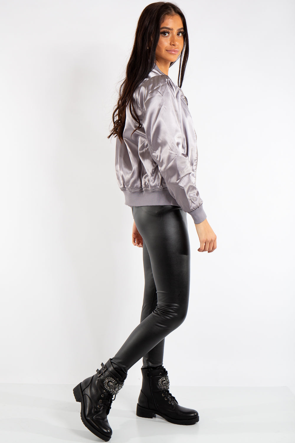 Silver satin bomber jacket deals