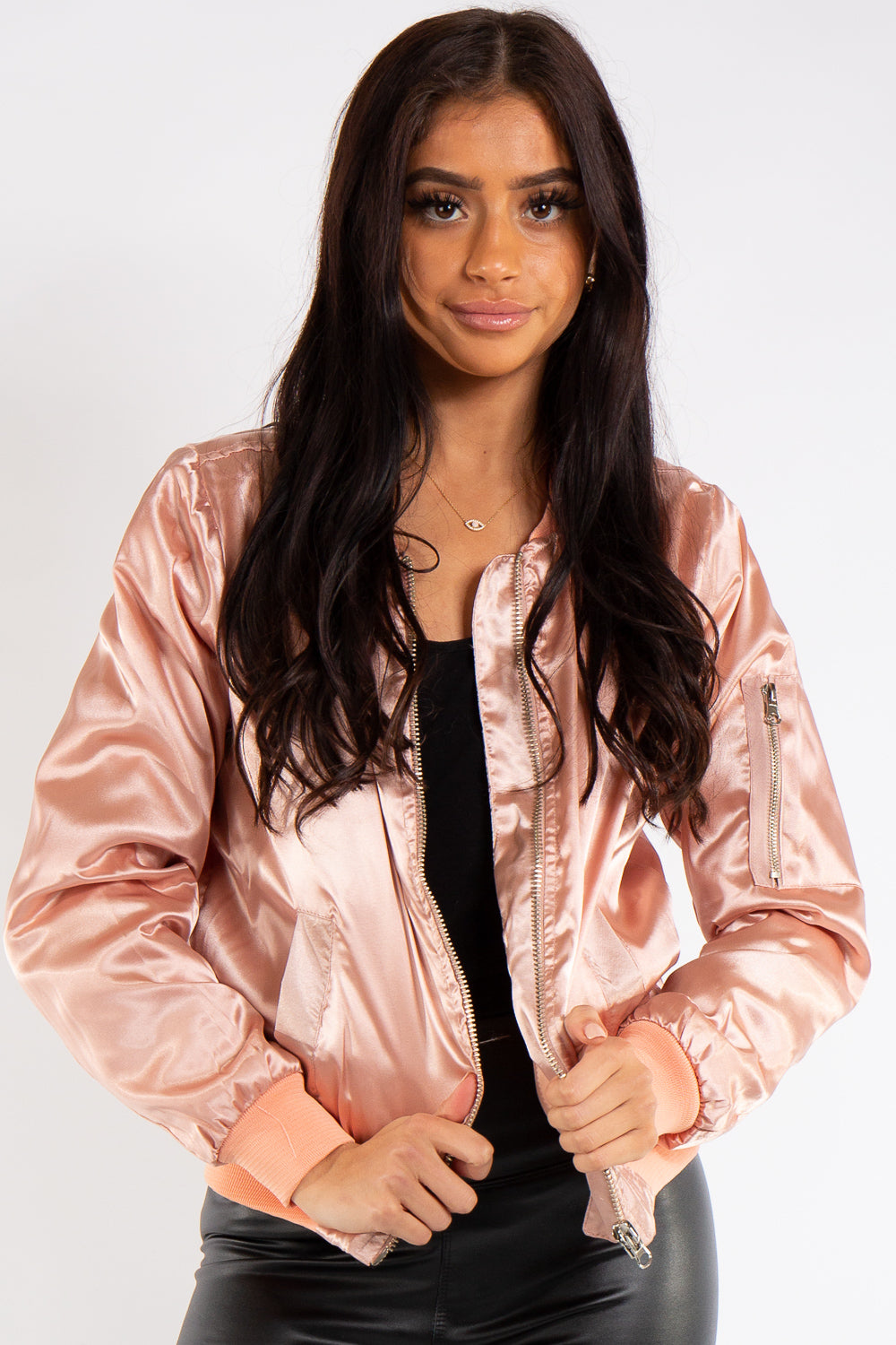 Grace Rose Gold Satin Bomber Jacket Miss Hussy Grace Rose Gold Satin Bomber Jacket Miss Hussy