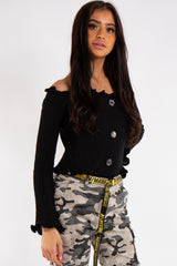 Olivia Black Button Bardot Cropped Jumper