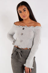 Olivia Grey Button Bardot Cropped Jumper