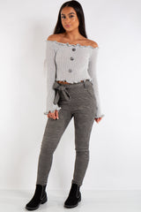 Olivia Grey Button Bardot Cropped Jumper