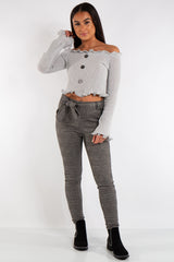 Olivia Grey Button Bardot Cropped Jumper
