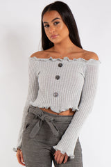Olivia Grey Button Bardot Cropped Jumper